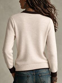SHEIN Fall Minimalist Notch V Neck Solid Long Sleeve Knit Top - Apricot - View 2