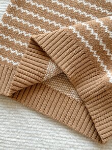 SHEIN Baby Boy Sweater, Turn-Down Collar Long Sleeve Striped Colorblock Knit, Suitable For Spring, Autumn, Winter, Autumn/Winter - Khaki - View 7