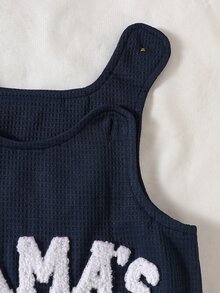SHEIN 3件組新生兒男嬰連身衣套裝，可愛甜美海軍藍條紋字母熊耳印花，長袖圓領，標準版，生日秋季節日華夫格針織 - 藏蓝色 - 查看 11