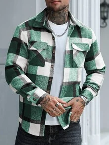 Manfinity Homme Men's Wool Plaid Pattern Urban Renaissance Street Style Casual Fashion Creative Personalized Streetwear Jacket - Green - View 3