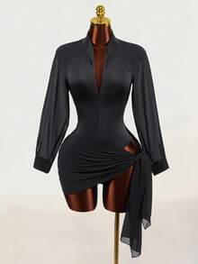Mistrie Women's Long Sleeve V-Neck Waist-Cinching Top And Knot Bottom Two Pieces Set - Black - View 7