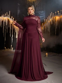Glamrae Plus Size Elegant Romantic Angora Red Mesh Strapless Ruched Flounce Scarf Decor Fitted Bodycon Long Evening Dress For Women, Wedding, Formal Events, All Formal Occasions, Dinner Party - Red - View 7