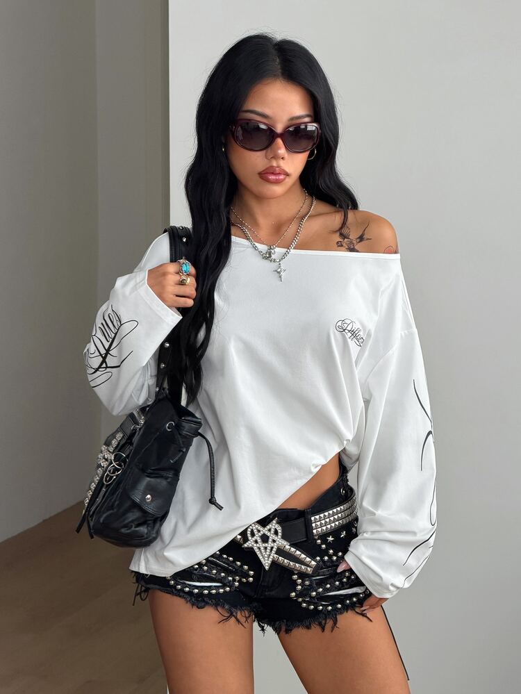 Coolane Women's Casual Minimalist Letter Print Long Sleeve T-Shirt - White - View 2