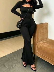 INAWLY Cutout Eyelet Detail Long Sleeve Flare Leg Jumpsuit, High Neck Bodycon Stretch Rompe - Black - View 3