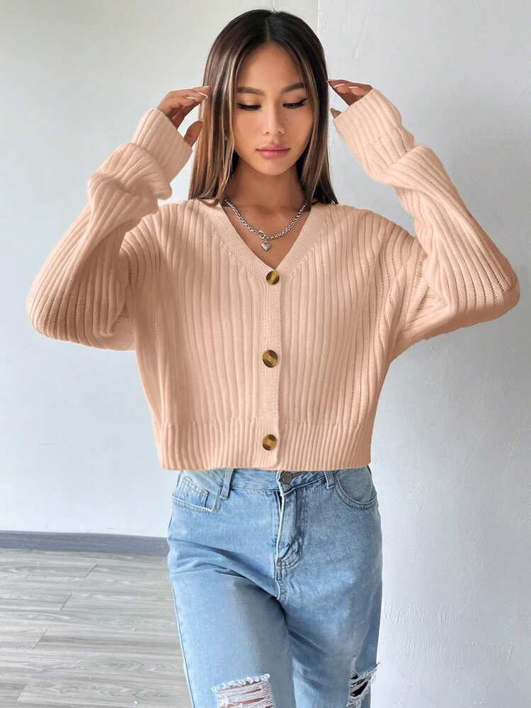 Flirla Women's Long Sleeve V-Neck Button Front Solid Color Fashion Knit Cardigan - Apricot - View 3