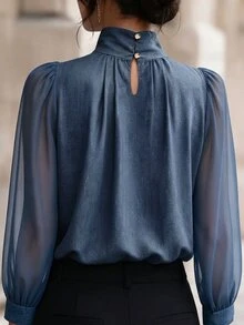 SHEIN بلوزة نسائية جديدة للربيع بياقة واقفة وحافة مطوية، فضفاضة وكاجوال للاستخدام اليومي بأسلوب جامعي - الأزرق - مشاهدة 2