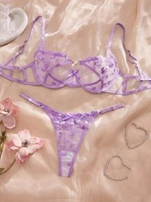 SHEIN 2件組女款性感愛心刺繡網紗鋼圈內衣套裝，甜美活力風 - 紫色 - 查看 1