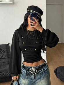 Coolane 女款秋冬街頭風復古Y2K龐克時尚休閒拿破崙軍裝飾黑色收腰修身圓領運動衫上衣 - 黑色 - 查看 5