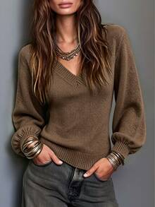 Trelyra Women's Minimalist Casual Lantern Sleeve V-Neck Sweater, Autumn/Winter - Coffee Brown - View 1