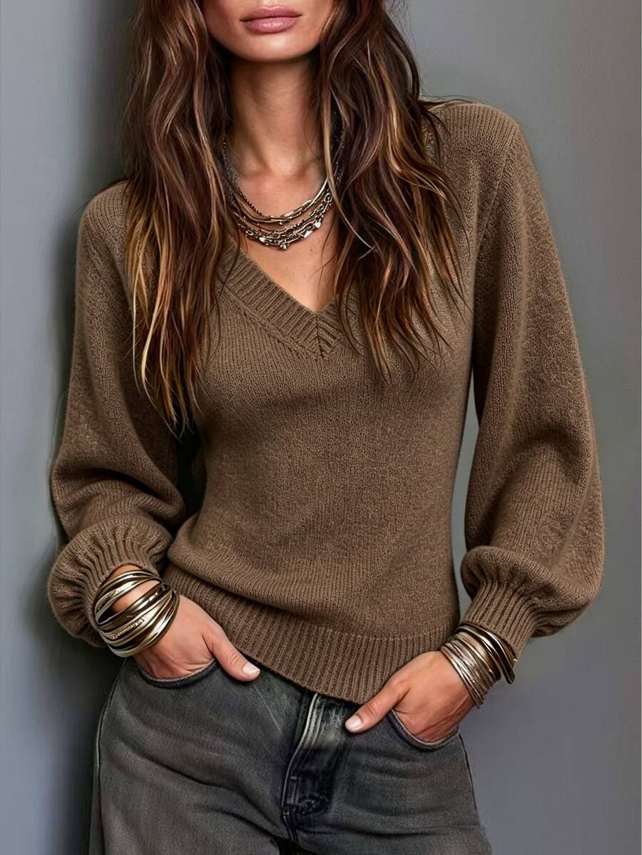 Trelyra Women's Minimalist Casual Lantern Sleeve V-Neck Sweater, Autumn/Winter - Coffee Brown - View 1