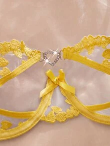 SHEIN 女款刺繡網紗鋼圈內衣與丁字褲2件組，甜美活力風 - 黃色 - 查看 4