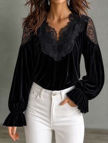 Breezaya French Vintage Black Velvet & Lace Patchwork Blouse, Deep V-Neck Ruffle Collar, Lantern Ruffle Long Sleeve, Sexy Slimming Elegant Commuter Top For Daily Wear, Thanksgiving, Christmas - Black - View 3