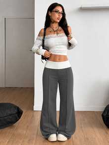Coolane Women's Casual Elastic Waist Foldable Patchwork Contrast Color Design Sweatpants - Dark Grey - View 5