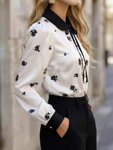RosyDaze Satin Floral Print Contrast Collar Tie Neck Shirt - Multicolor - View 7