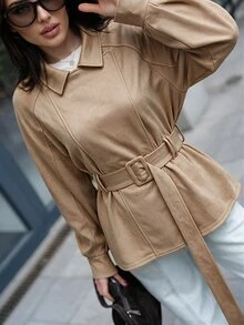Avenya Minimalist Side-Split Design Lapel Suede Belted Mid-Length Jacket - Khaki - View 4