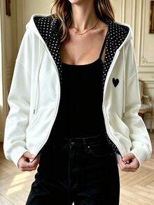 Cévolie Women's Hooded Drawstring Pocket Zipper Heart Pattern Sweatshirt - Black and White - View 5