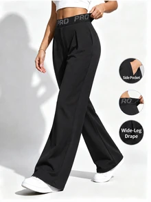 Easithlete Easithlete 1pc Wide Leg Pants, Letter Elastic Waistband, Pleated Design, Suitable For Daily, Fitness, Summer - Black - View 8