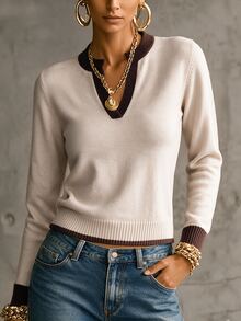 SHEIN Fall Minimalist Notch V Neck Solid Long Sleeve Knit Top - Apricot - View 8