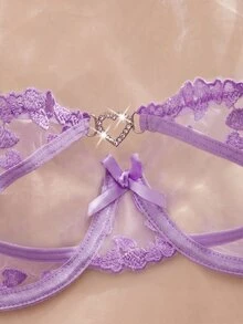 SHEIN 2件組女款性感愛心刺繡網紗鋼圈內衣套裝，甜美活力風 - 紫色 - 查看 4