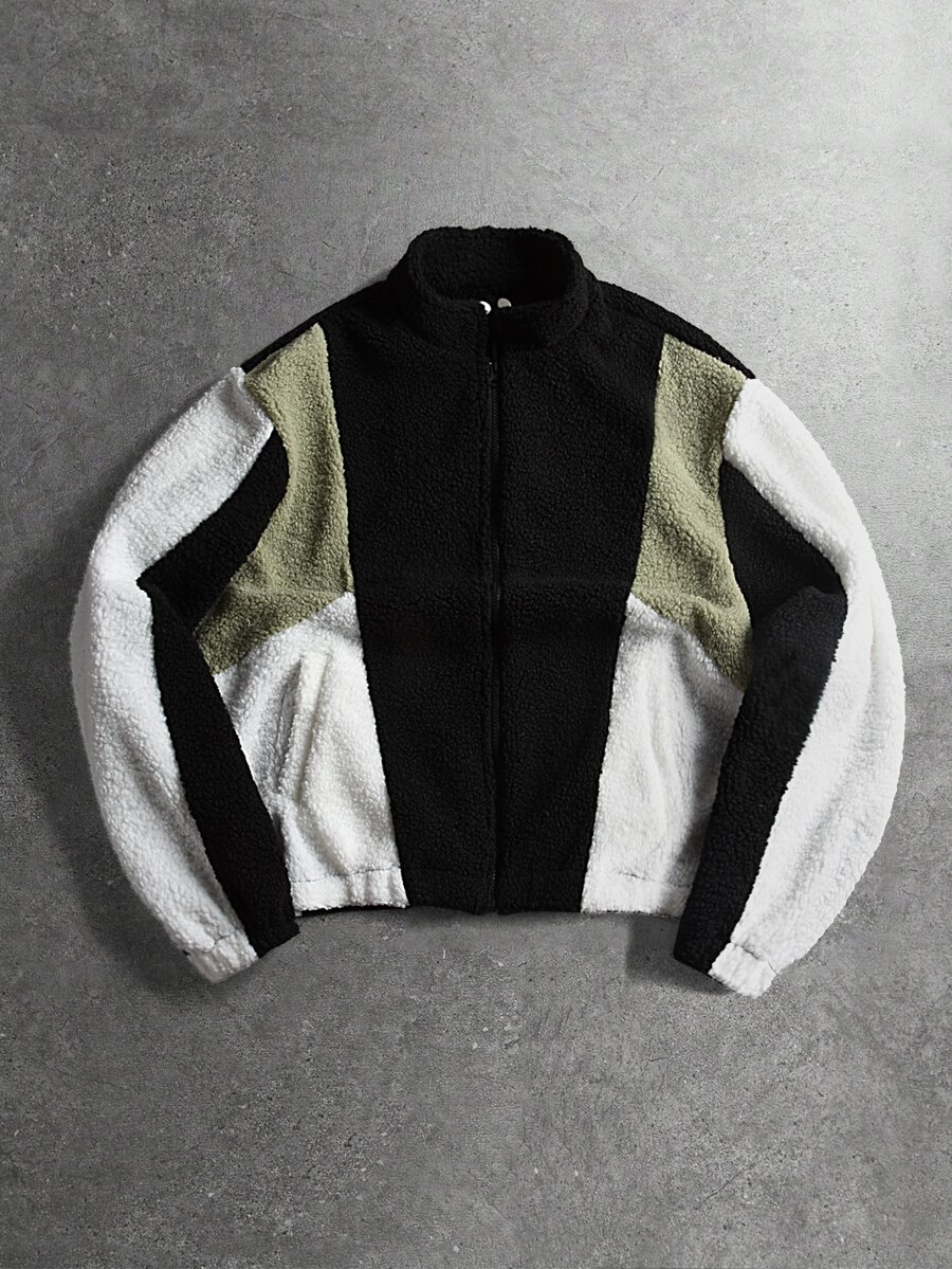 STYNVO 男士立領拼色現代休閒抓絨夾克 - 黑色 - 查看 1