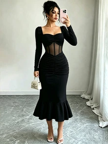 Selianne فستان نسائي جديد بأكمام طويلة بلون موحد، قماش شبكي شبه شفاف عند الخصر، تصميم مكشكش عند الورك، حافة ذيل السمكة مع كشكشة، تصميم مكشكش، قصة ضيقة، طويل ونحيف، متعدد الاستخدامات وأنيق، فستان متوسط الطول - الأسود - مشاهدة 5