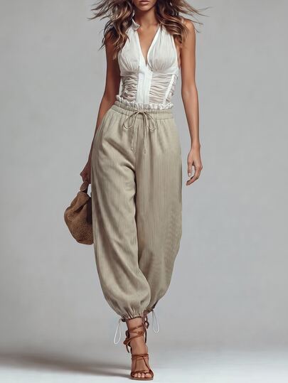 Trelyra Women's Floral Bud Waist Lantern Pants, High Waist Elastic Cuffed Wide Leg Loose Slimming Casual Pants, New Style