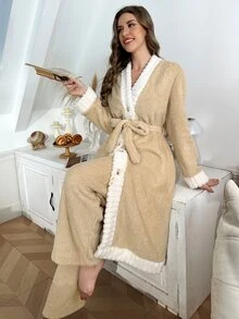 Dream Adore Cute Women's Autumn/Winter Thick Double-Sided Fleece Colorblock Trim Open Front Robe And Pants Set - Multicolor - View 6