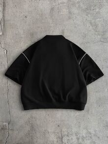 AXEPEAK 男士黑色 1/4 拉鍊對比字母圖案短袖時尚 Polo 衫 - 黑色 - 查看 5