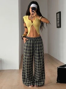 Coolane 女款秋季保暖休閒時尚優雅綠色海軍藍格紋彈性抽繩腰寬鬆寬腿長款居家長褲 - 綠色 - 查看 8