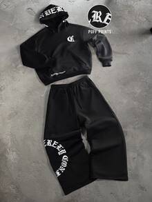 PAVTROS Men's Letter Print Drawstring Hoodie And Pants Set - Black - View 2