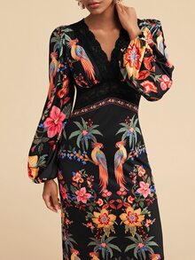 Travachic 女款V領蕾絲飾邊滿版印花休閒度假旅行夏季洋裝 - 彩色 - 查看 4