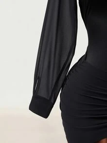 Mistrie Women's Long Sleeve V-Neck Waist-Cinching Top And Knot Bottom Two Pieces Set - Black - View 9