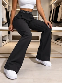 Easithlete Easithlete 1pc Wide Leg Pants, Letter Elastic Waistband, Pleated Design, Suitable For Daily, Fitness, Summer - Black - View 6