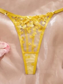 SHEIN 女款刺繡網紗鋼圈內衣與丁字褲2件組，甜美活力風 - 黃色 - 查看 6