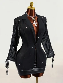 Mistrie Women's Shiny Transparent Black Chiffon Long Sleeve Blazer - Black - View 4