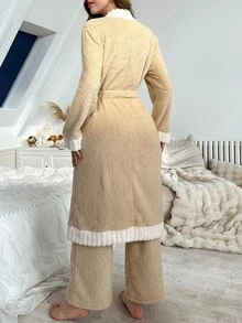 Dream Adore Cute Women's Autumn/Winter Thick Double-Sided Fleece Colorblock Trim Open Front Robe And Pants Set - Multicolor - View 2