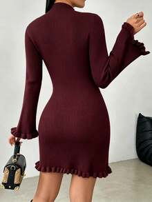 NOVVYNE Autumn/Winter Elegant Minimalist Patchwork Slim Fit Mid-Length Sweater Dress - Burgundy - View 3