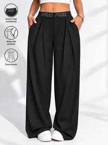 Easithlete Easithlete 1pc Wide Leg Pants, Letter Elastic Waistband, Pleated Design, Suitable For Daily, Fitness, Summer - Black - View 3