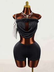 Mistrie Women's Black Frayed Hem Tube Top And Shorts Set - Black - View 8