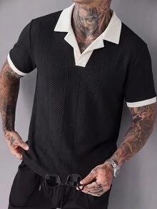 Manfinity Homme Men Textured Knit Contrast Trim Polo Shirt - Black - View 3