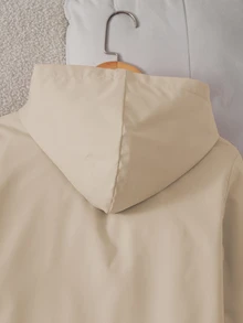 SHEIN 女童與青少年休閒時尚梭織素色長袖連帽單排扣夾克，飾口袋與全印花花卉圖案 - 卡其色 - 查看 6