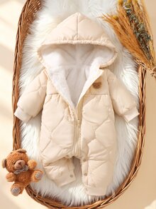 SHEIN Newborn Baby Romper Jumpsuit Sweet Beige Bear Patch Quilted ...
