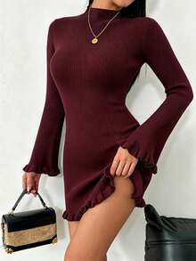NOVVYNE Autumn/Winter Elegant Minimalist Patchwork Slim Fit Mid-Length Sweater Dress - Burgundy - View 7