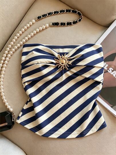 Franclia Women's Strapless Striped Top With Metal Buckle Decoration