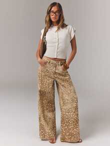 SHEIN Tall Women's Fashion All-Over Polka Dot Print Pocket Zipper Denim Jeans - Khaki - View 3