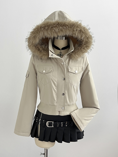Elamini Women's Autumn/Winter Hooded Faux Fur Jacket With Buttons, Slimming Elegant Street Style