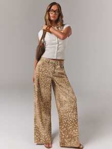 SHEIN Tall Women's Fashion All-Over Polka Dot Print Pocket Zipper Denim Jeans - Khaki - View 5