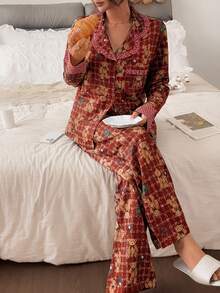 Napfluff Conjunto de Pijama Feminino Doce e Fofo com Estampa de Urso e Xadrez, Calça com Babado, Lapela com Poá e Manga Longa, 2 Peças Loungewear - Marrom - Visão 6