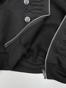 Coolane Women's Fall/Winter Street Avant-Garde Retro Equestrian Style Punk Napoleon Element Button Decor Zipper Long Sleeve Fitted Black Sweatshirt - Black - View 7