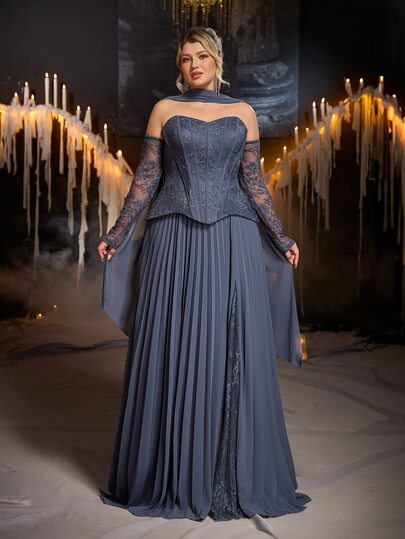 Glamrae Plus Size Elegant Romantic Navy Blue Luxury Lace Long Sleeve Sheer Inlaid Pearl Rhinestone A-Line Evening Gown (Includes Detachable Waist Sash) Suitable For Dates, Vacations, Bachelorette Parties, Weddings, All Formal Occasions, Women's Evening Dress (Intricate Design)